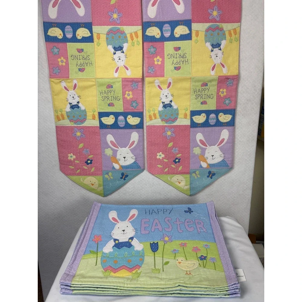 Blossoms & Blooms Easter Table Runner & Placemat Set 6 Bunny Chick Quilted Decor